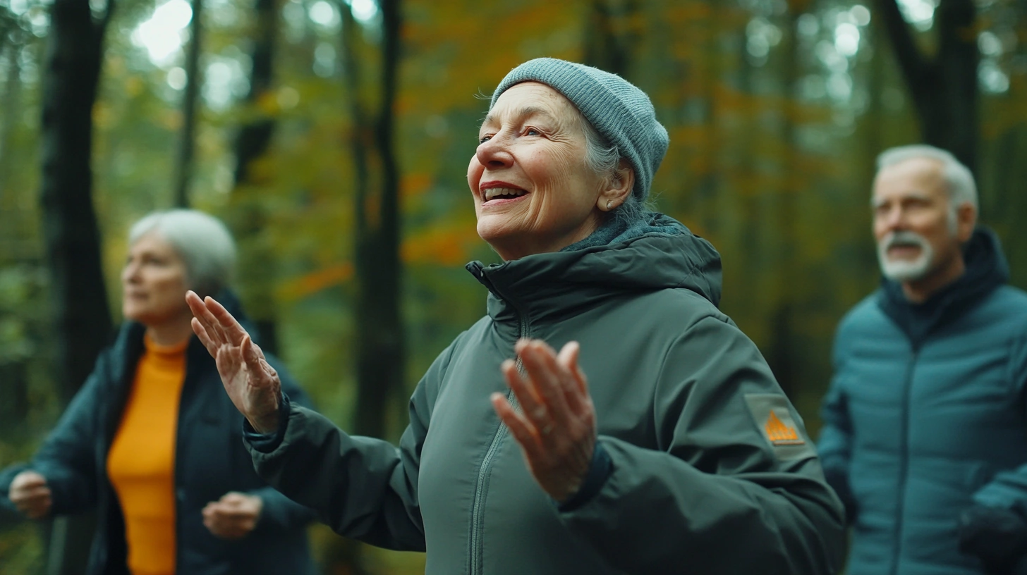 Група пенсіонерів займається фізичними вправами на свіжому повітрі