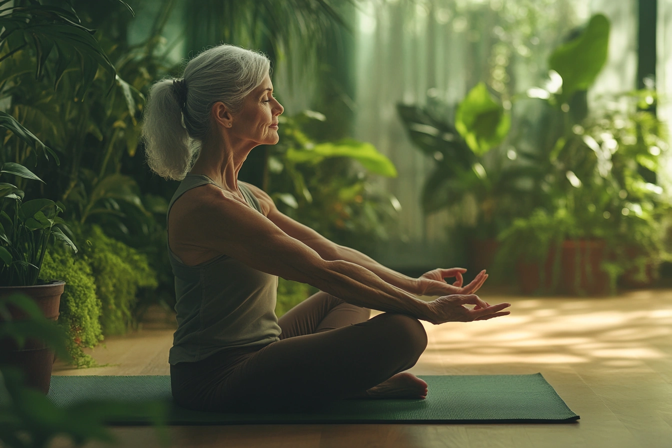 Літня жінка практикує йогу